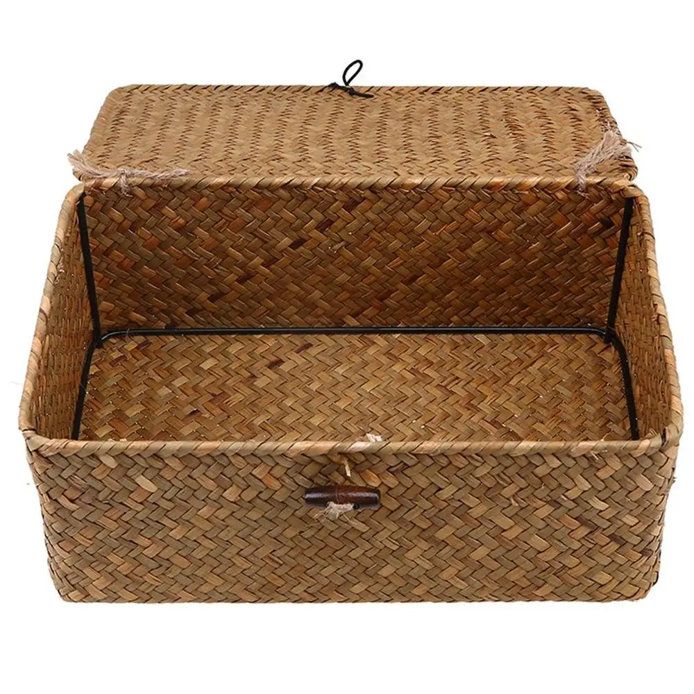 Seaweed Hand-Woven Storage Box Desktop Sundries Clothes Basket Finishing With Lid | Дом и сад