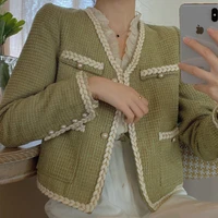 classic mustard green short tweed jacket female autumn 2021 french retro elegant small fragrance wind fashion sweet top outerwea