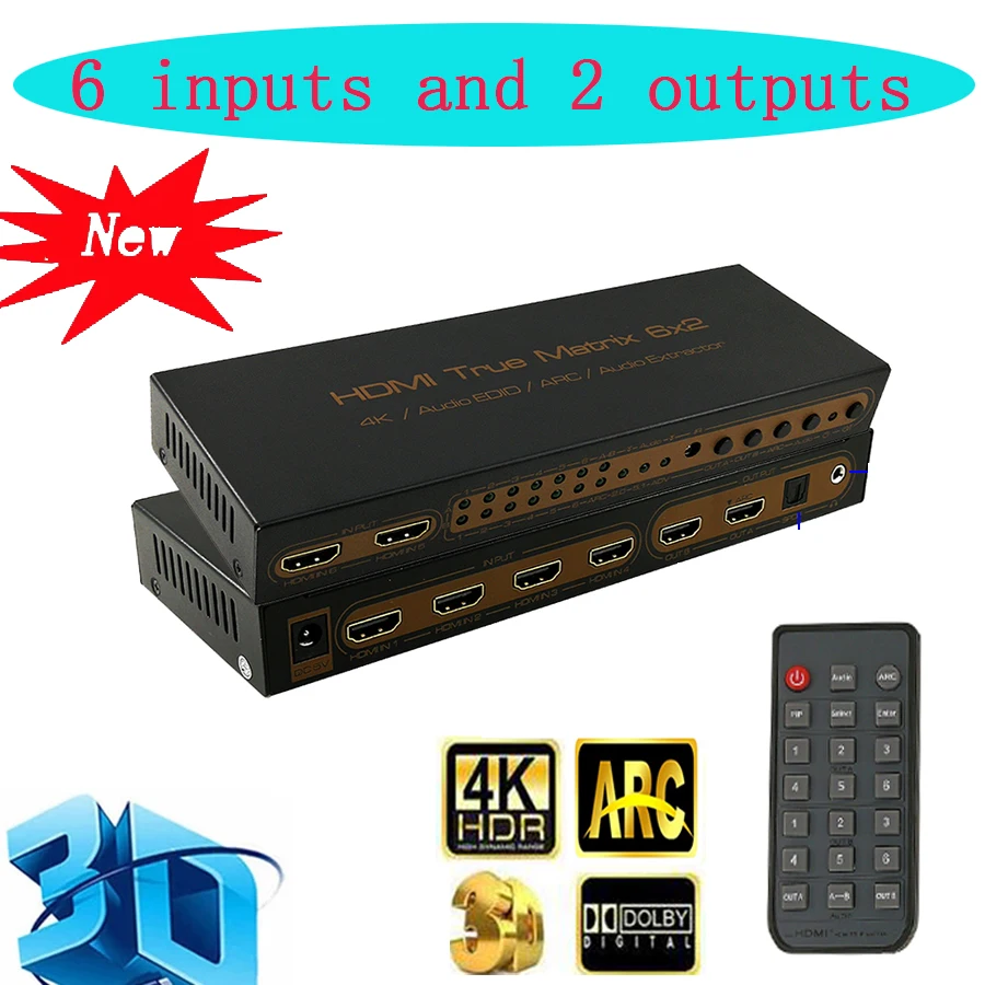 6x2 HDMI матрица PIP 1 4 в 4K * 2K 3D Аудио EDID/ARC/аудио экстрактор 5.1CH переключатель сплиттер 6