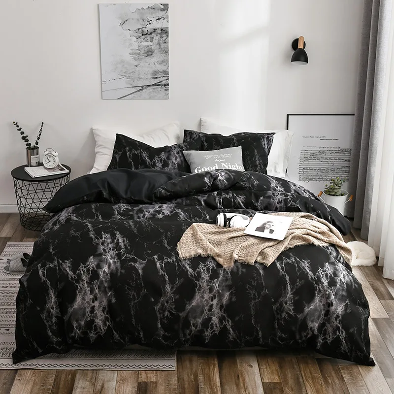 Black Marble Pattern Polyester Fiber Two Pillow Cases One Duvet Cover 3PCS Bedding Set |