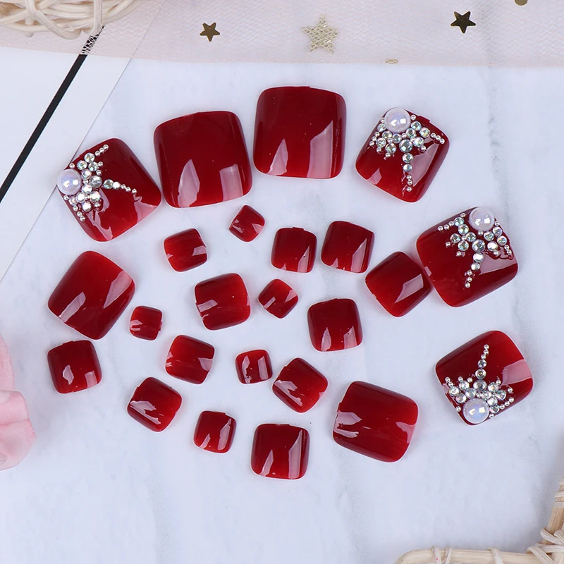 24 шт. искусственные ногти серебристо красные стразы с клеем Летние красивые