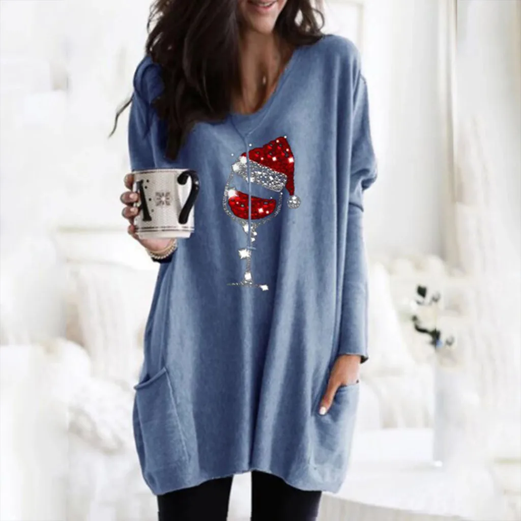 Christmas Hat Print t shirt Women's Long-sleeved Casual Lady Pullover Tops 2020 christmas clothes t-shirty damskie harajuku | Женская