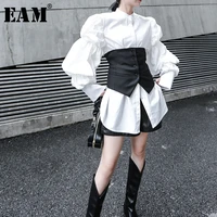 eam women white big size pleated split blouse new stand collar puff sleeve loose fit shirt fashion spring autumn 2021 1k366