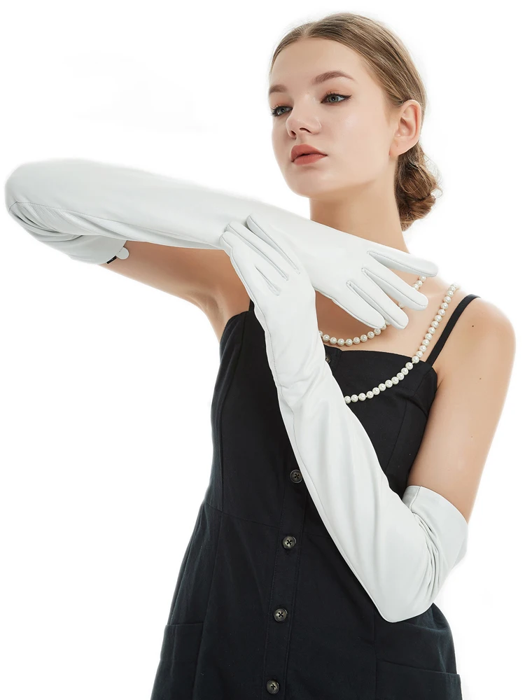 

60cm(23.6") long classic plain sheep leather evening opera long gloves white