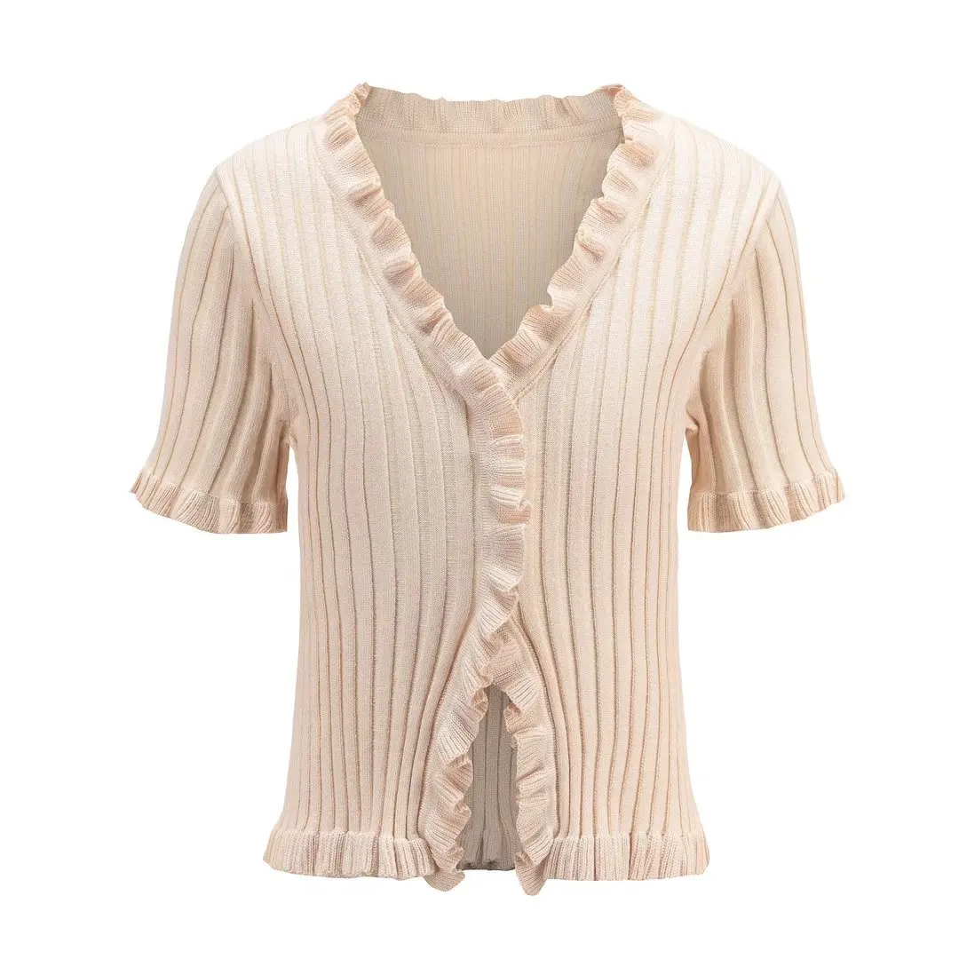 

Women open stitch Ruffle Trim Crop Knit Cardigan with Short Sleeve Deep V Neck Crop Knit Tops