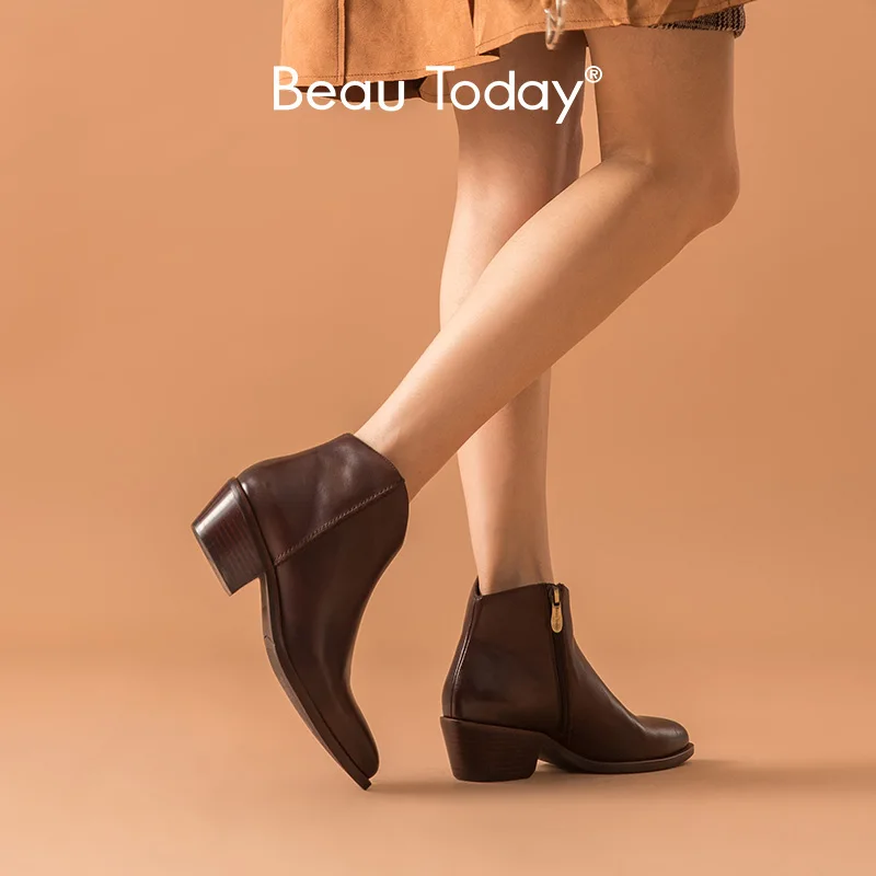Ботильоны BeauToday женские из натуральной коровьей кожи с воском и острым носком на