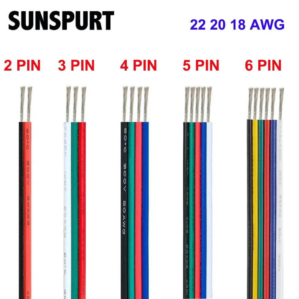 5M 100M RGB Соединительный кабель для светодиодной 22/20/18AWG 2/3/4/5/6Pin электрический