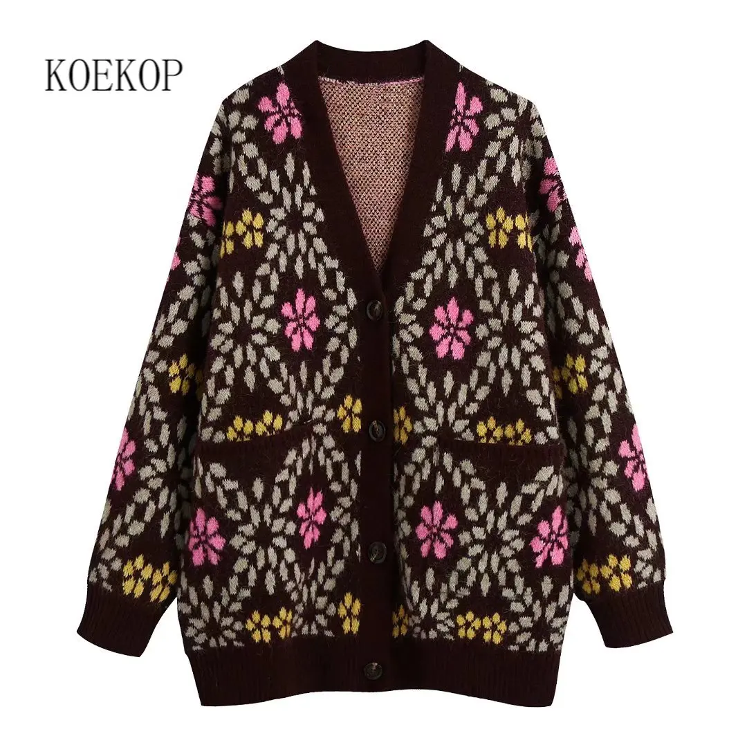 

Koekop Women Vintage Jacquard Oversized Knit Cardigan Long Sleeves V-Neck Single-breasted Casual Knit Sweater Chic Tops Woman