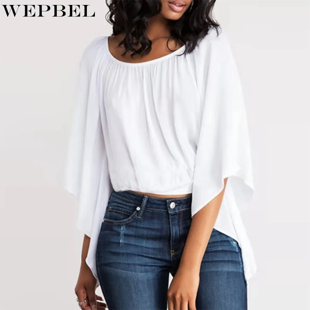 

Женская однотонная Свободная рубашка WEPBEL, Повседневная летняя рубашка с рукавом «летучая мышь», круглым вырезом и открытой спиной, ажурная ...