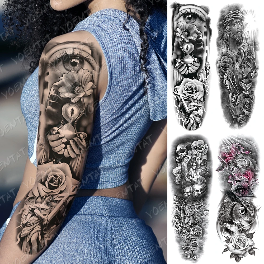 

Large Arm Sleeve Tattoo Hourglass Rose Eye Waterproof Temporary Tatto Sticker Angel Owl Body Art Full Fake Tatoo Women Men