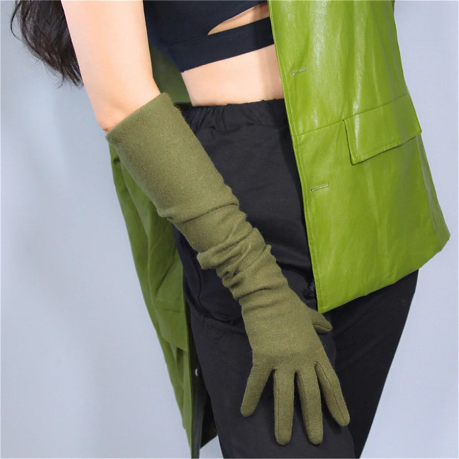

Women Elegant Cashmere Gloves Long Section 50cm Elbow Elastic Wool Woolen Woolen Small Fragrance Green 5-YR04