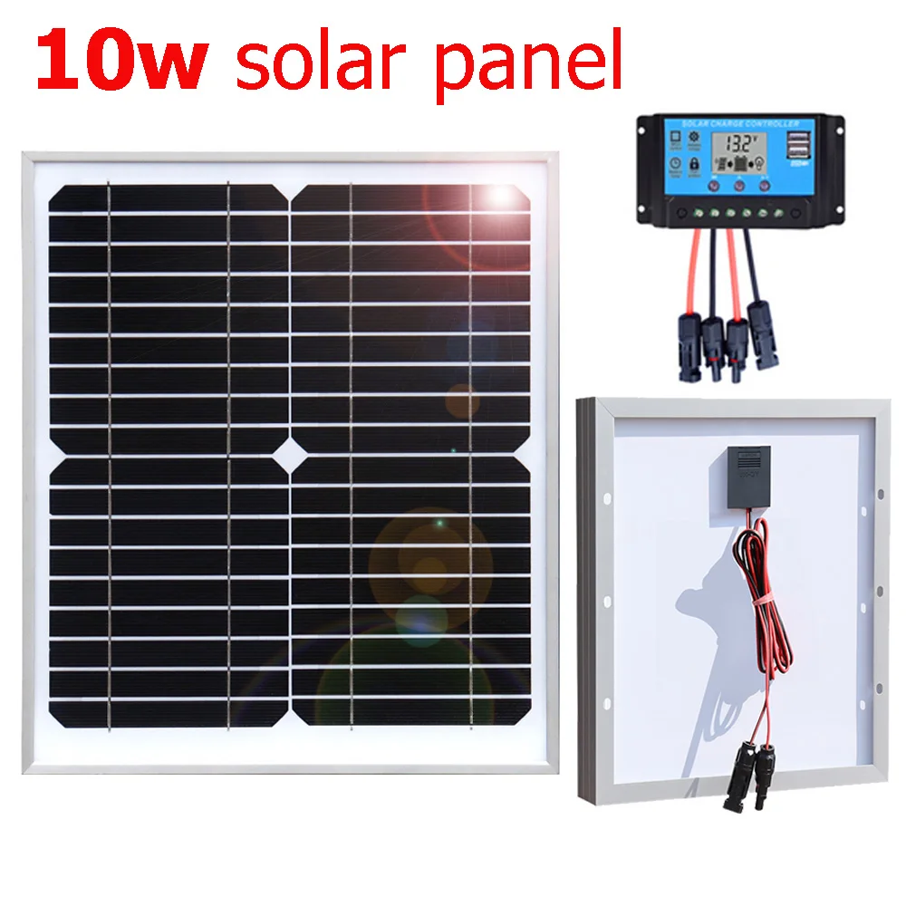 

10w solar panel 12v kit Glass solar charger system for light camera powerbank car RV boat waterproof 12v/24v 10A controller