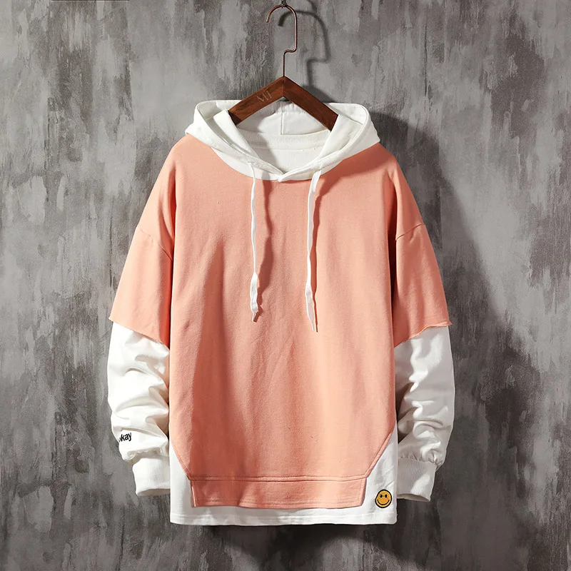 

Men's Hoodies Plain Solid Patchwork Sweatshirt Male Hip Hop Harajuku Japanese Streetwear Pink Hoodie Men Sweatshirts