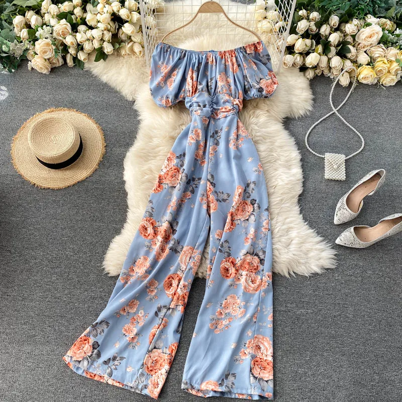 

Комбинезон женский летний с открытыми плечами, пикантный ромпер с цветочным принтом в стиле бохо, брюки с пышными рукавами и завязками