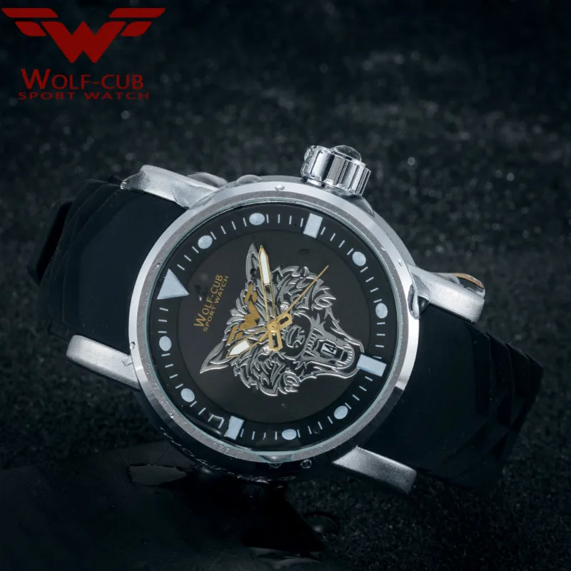 Sports Man Watch Dial Wolf Head Metal Solid Surface Original Movement WOLF-CUB 30BAR Design Personalized | Наручные часы