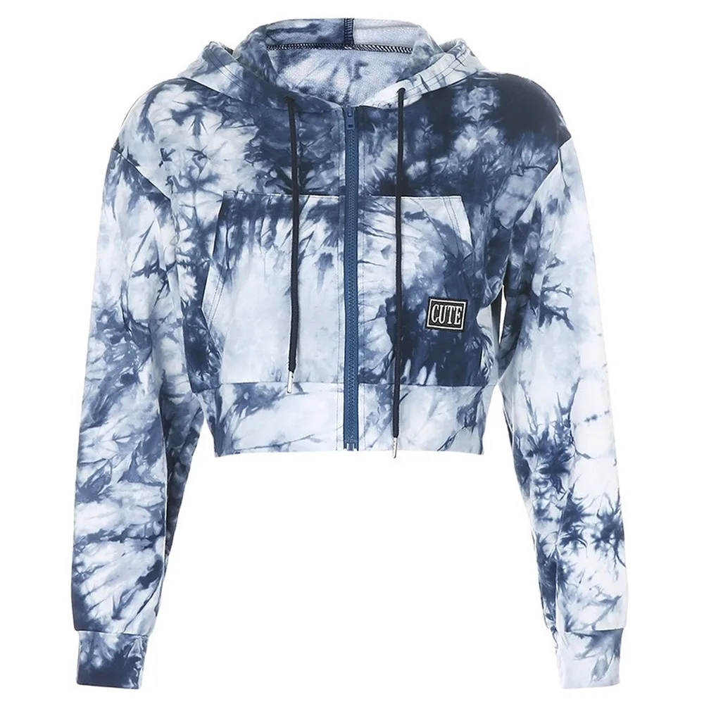 

Autumn Tie Dye Print Hoodies Sweat Crop Jacket Women Harajuku Casual Long Sleeve Coats Ladies Fashion Streetwear Zip Sweatshirt