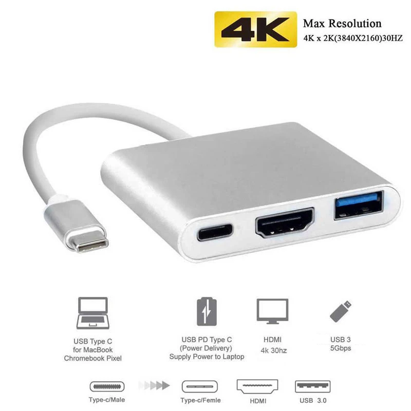 Концентратор-адаптер USB C для MacBook Pro Air Hp Dell Разветвитель Type-C на 4K HDMI с питанием
