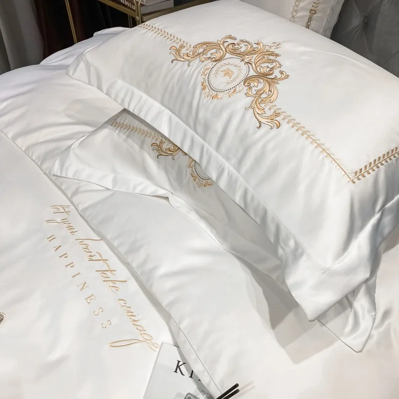 White Satin Washed Silk/Cotton Bedding Set Luxury Palace Gold Embroidery Duvet Cover Flat/Fitted Sheet Pillowcases Home Textiles | Дом и сад