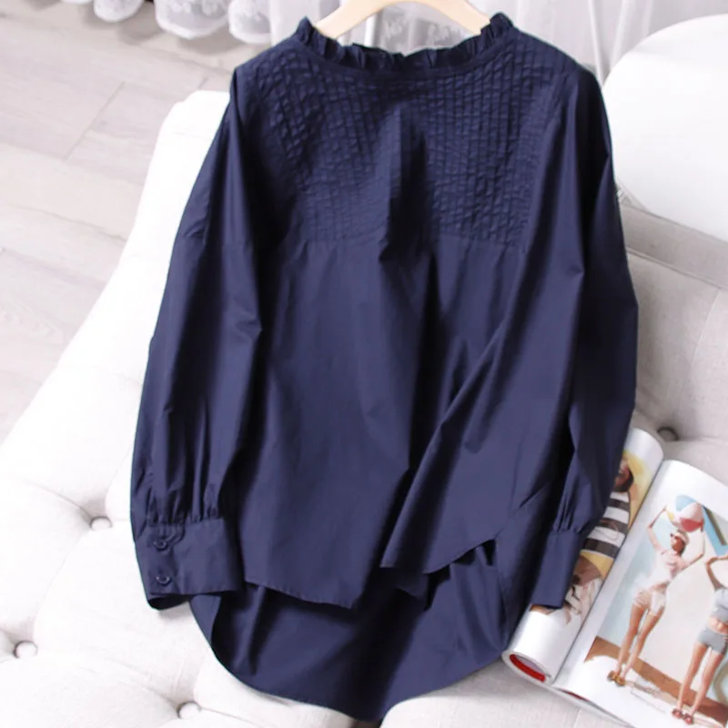

Cotton 100% Women Blouse Summer Solid Ruffles Neck Solid Loose Elegant All Match Buttoming Office Lady Outwear Tops