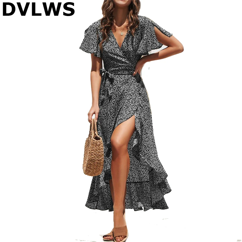 Женское асимметричное шифоновое длинное платье с v-образным вырезом и цветочным