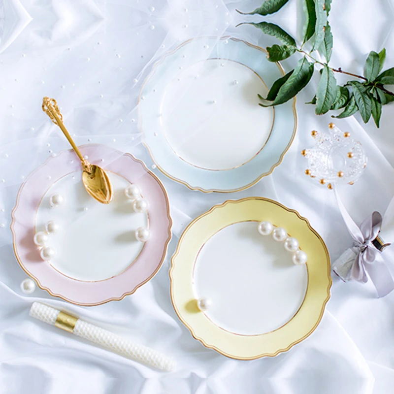 Золотая инкрустация керамическая тарелка форма цветка Десерт Фрукты стейк набор