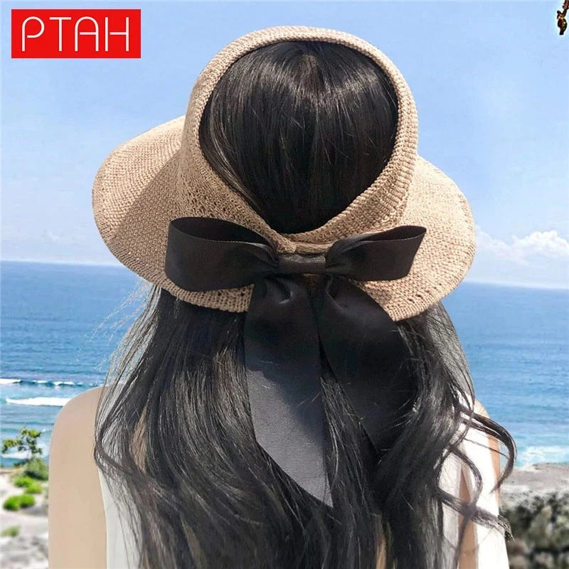 

[PTAH] Fashion Sun Hats Women's UPF 50+ Wide Brim Roll-up Straw Lightweight Foldable Beach Hats Breathable Sun Protection Visors