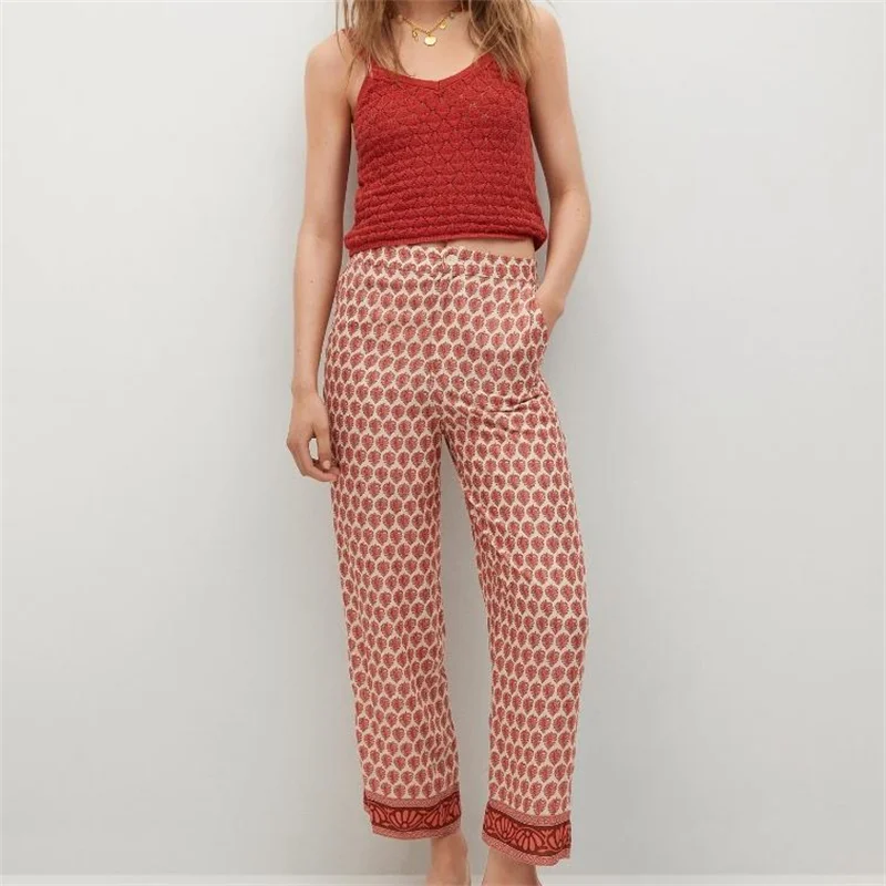 

MESTTRAF Women 2021 Fashion Side Pockets Print Straight-Leg pantsVintage High Elastic Waist Long Trousers Streetwear