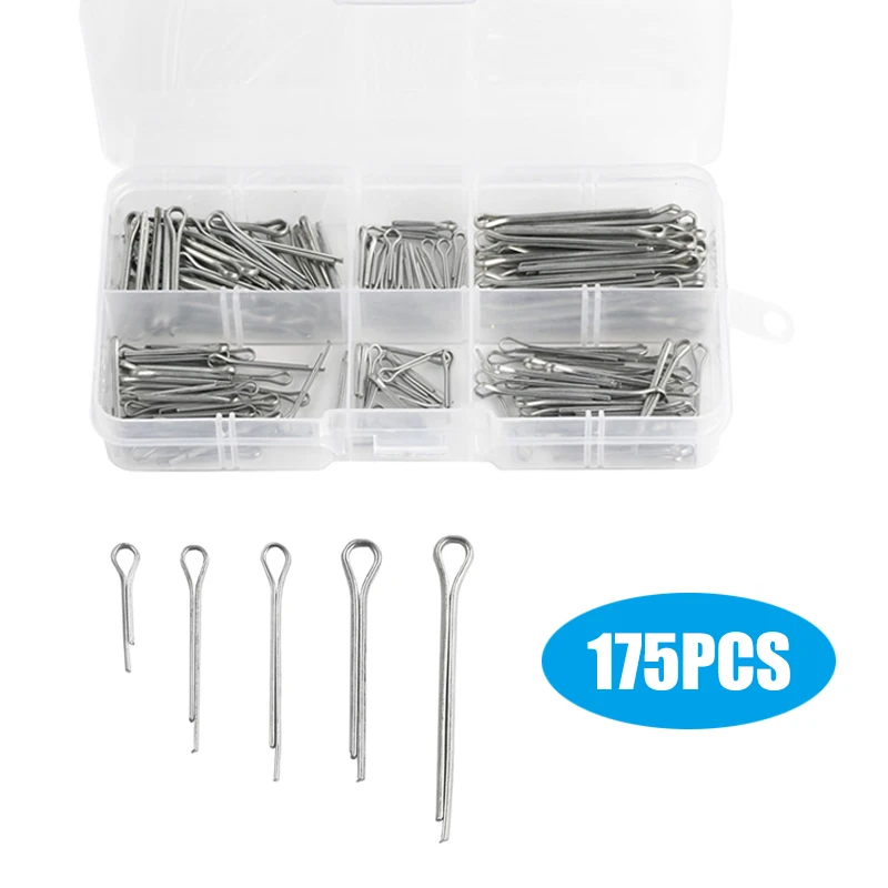 175Pcs Assorted Sizes Sliver Split Pins Cotter Fixings Zinc Plated Steel Hard Case Link Pin with box | Обустройство дома