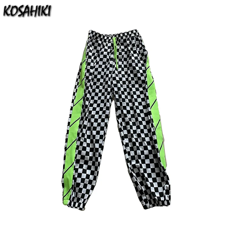 

KOSAHIKI Vintage Streetwear Women Fashion 2021 Harajuku Checkerboard Plaid Print Pants Korean Style Goth Wide Leg Harem Pants