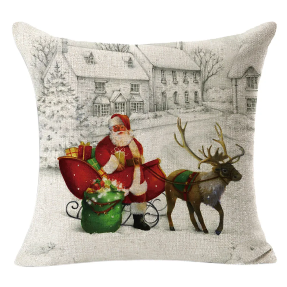 Рождественский льняной квадратный чехол для подушки с принтом Санта Клауса и