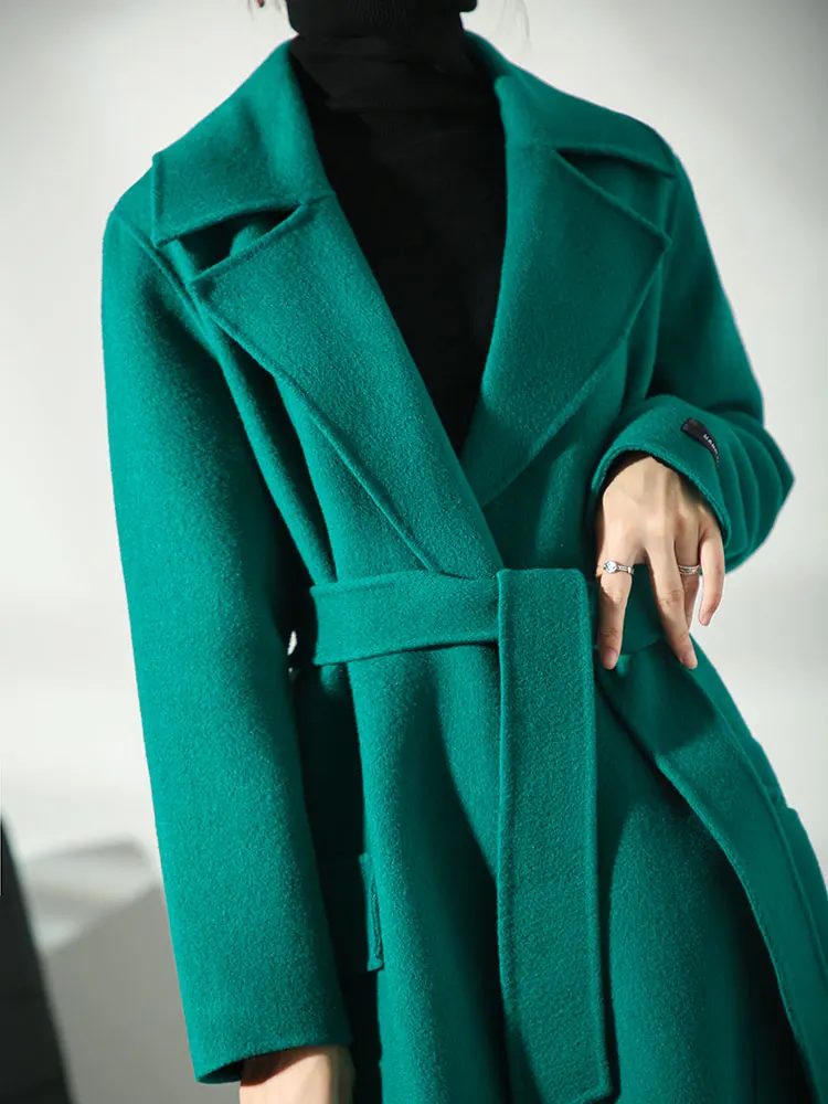 

Double-sided cashmere overcoat Women's Mid-length high-end big pocket autumn and winter Hepburn style overknee coat bathrobe