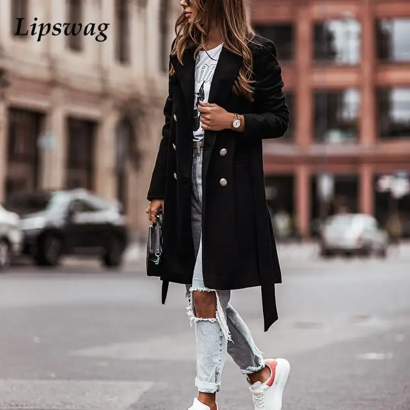 

Elegant Lapel Belted Women Long Overcoat Casual Long Sleeve Pocket Lady Coats Tops Fashion Double Breasted Winter Outerwear 2021