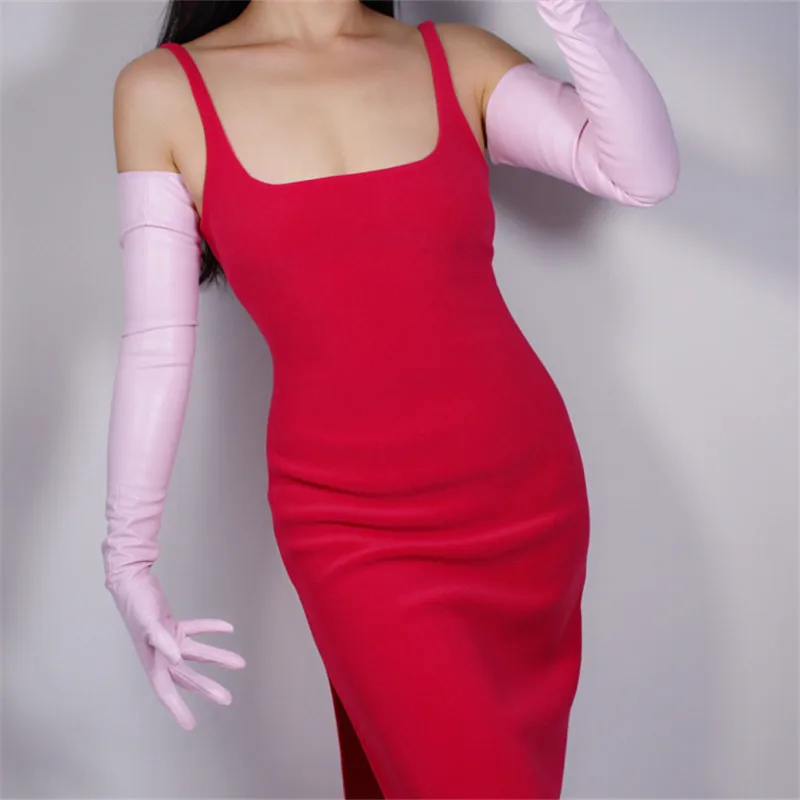 Light Pink 70 см Экстра длинные кожаные перчатки Над Локоть эмуляции кожи овчины PU женский яркий черный сенсорный экран функция WPU14-70 - Цвет: Light Pink