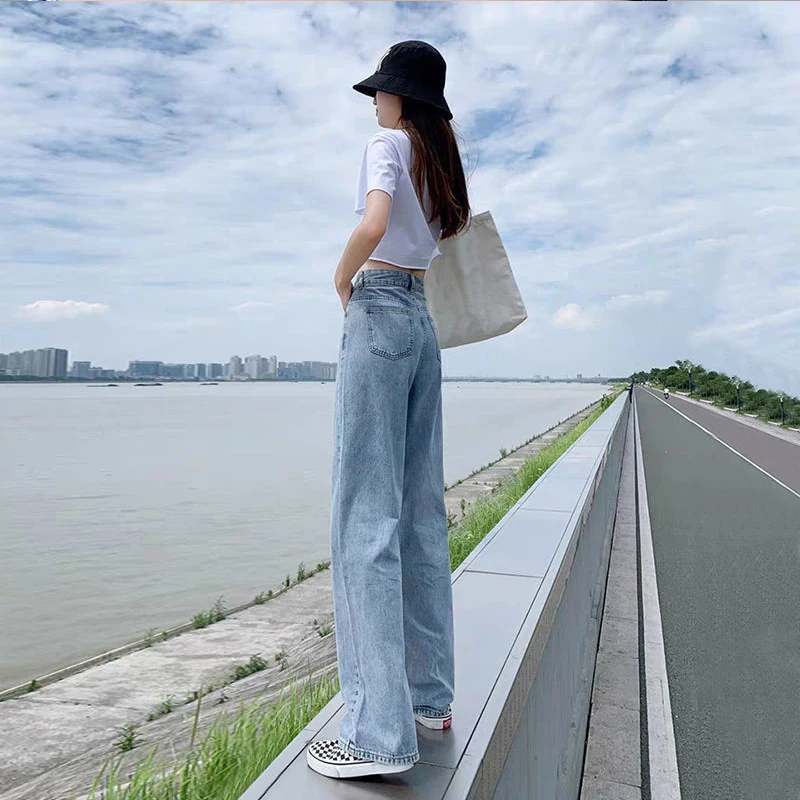 

Spring Autumn Women Wide Leg Denim Pants Casual Lady Full Length Straight Jeans Female Loose High Waist Straight Pants KK0113
