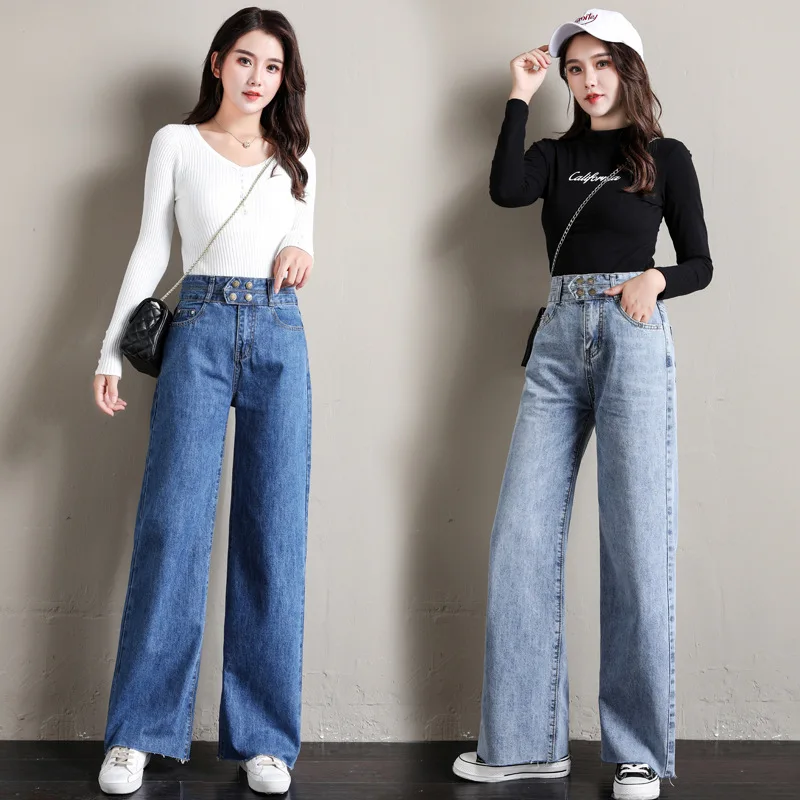 Женские джинсы бойфренды с высокой талией и широкими штанинами корейские