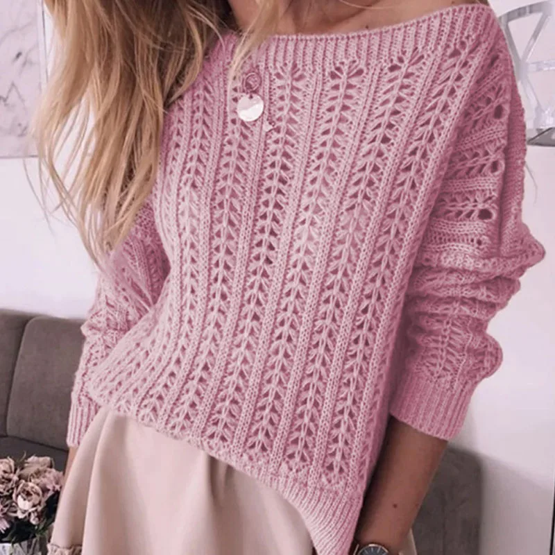 

Женский трикотажный свитер с круглым вырезом, длинным рукавом и открытыми плечами