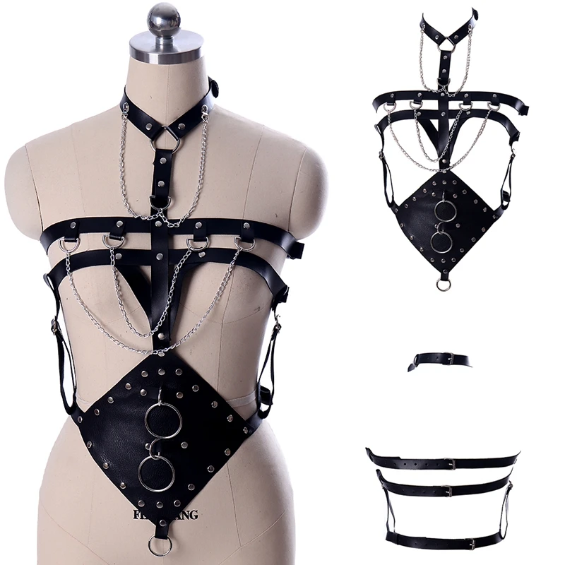 

Leather Bandage Harness Lingerie Women Fetish Tops Crop Bodysuit Harajuku Gothic Sexy Body Cage Chain Harness Bra Rave Festival