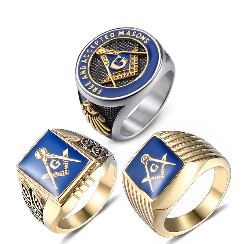 Masonic Ring Free Mason Stainless Steel Freemasonry Ring Freemason Gold For Men AG Jewelry Punk Blue Enamel Quality Size 8-13