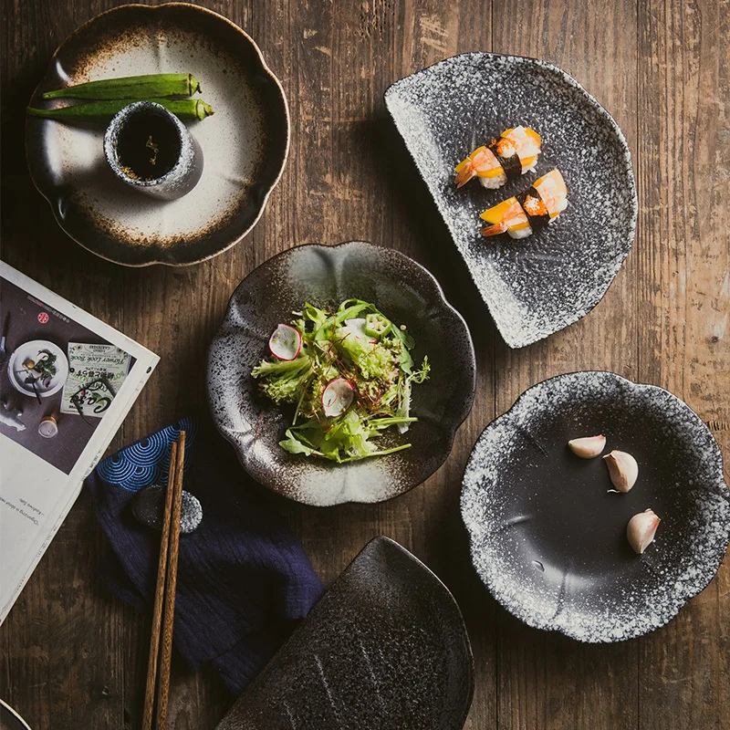 

Retro Cuisine Flat Plate Dessert Plate Household Shaped Table Set Table Japanese Ceramic Sushi Dish Flower Shape Fruit Plate