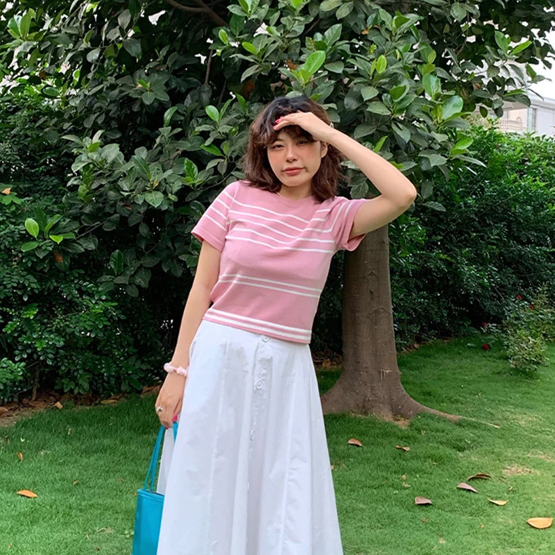 

Summer Tee Shirt Loose Striped Tshirt Female O-Neck Short Sleeves Harajuku Women Clothing Korean Casual Tops Shirts Lady Tees