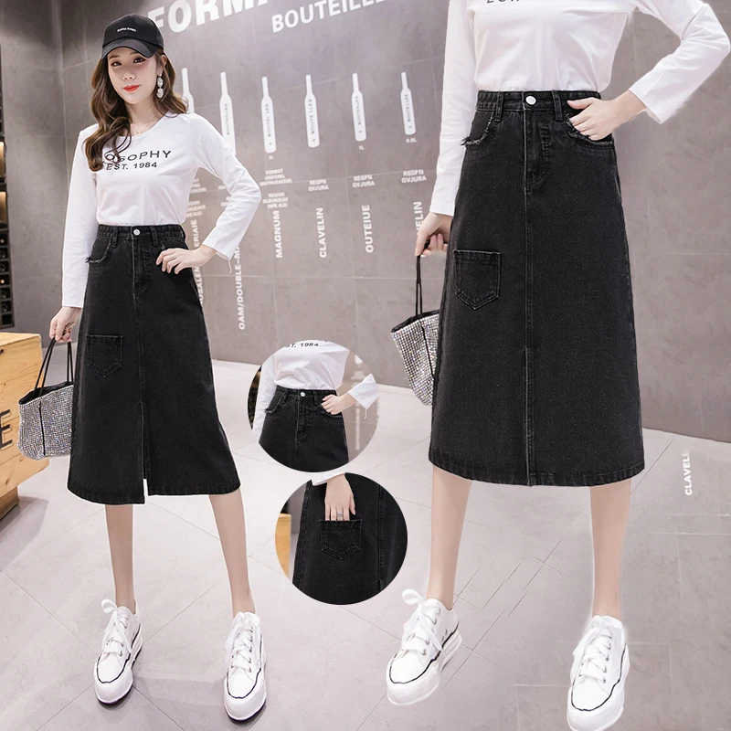

Limiguyue Black Slim Long Midi Denim Skirt Women High Waist Button Pockets Split Jeans Straight Skirt femme jupes Bottoms K141