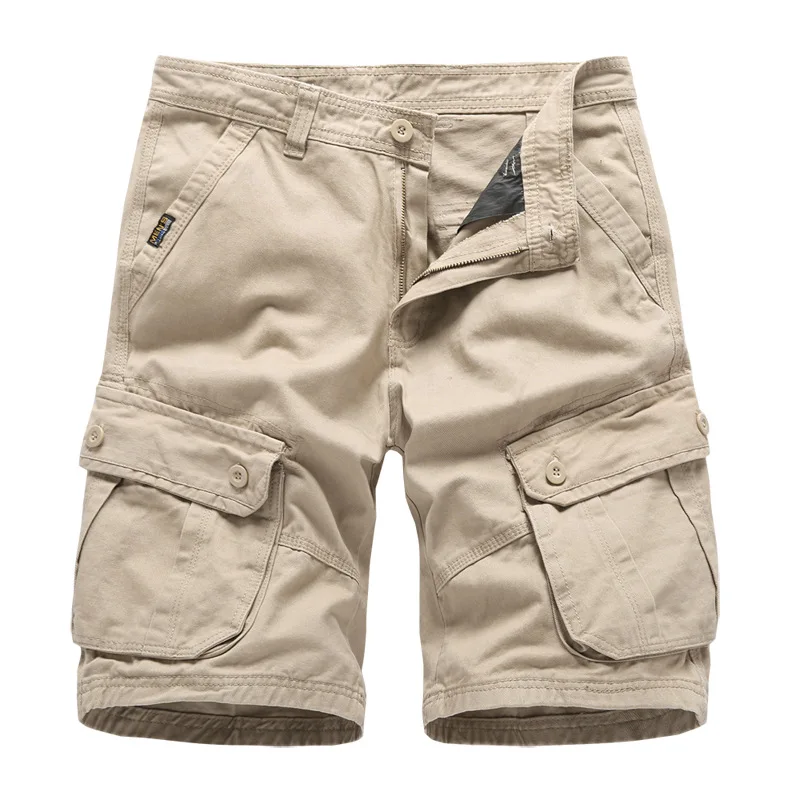 

2021 New Summer Cargo Short Men Casual Solid Color Mid-waist Knee Length Beach Short Pure Cotton Breathable Multi-pockets Shorts