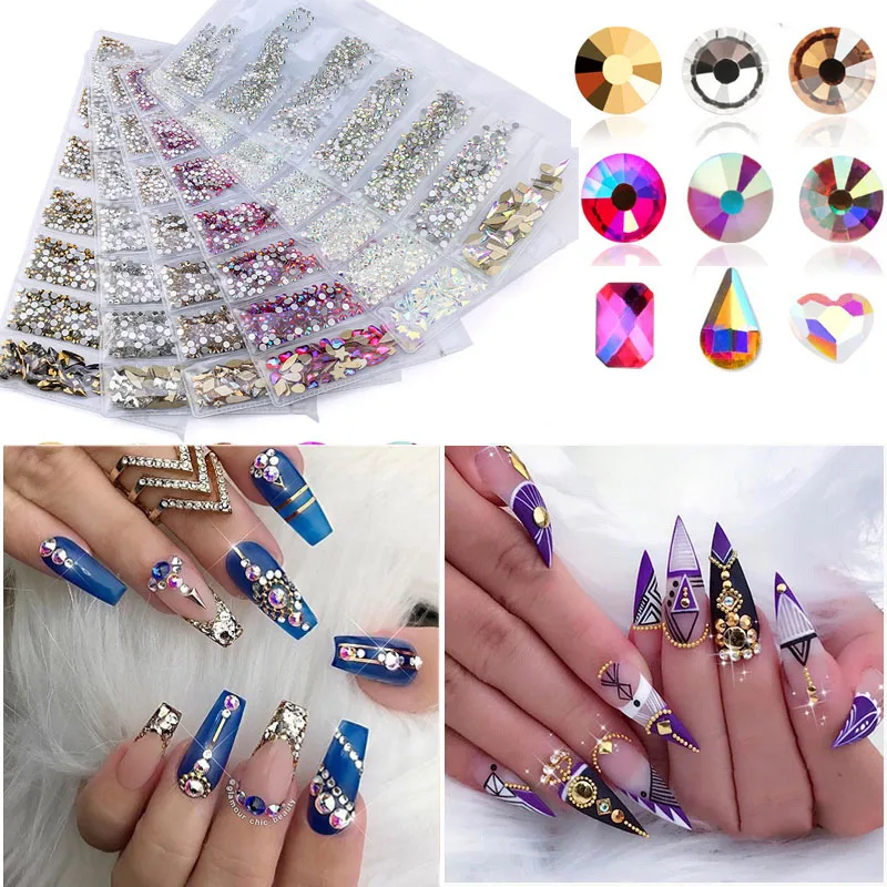 

Mixed Size 1728 Pcs Nail Rhinestones AB Flat Back Stones Nail Decor 3D Glitter Nail Gems New Manicure Nails Art Decorations