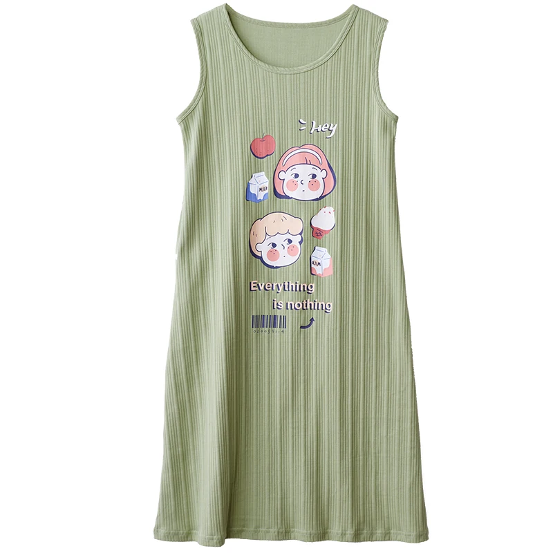 

Casual Cotton Nightgowns Women Clothing Cute Green Cartoon Homewear Summer Plus Size Sleepwear Sexy Sleeveless Vest Nightdress