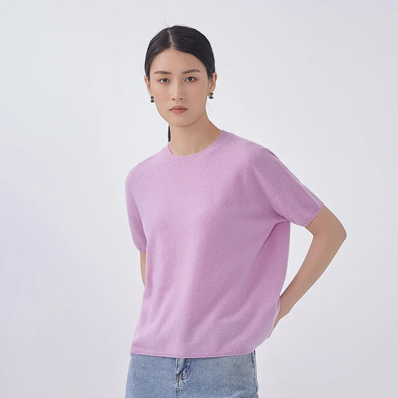 

Женский кашемировый пуловер Unibody с круглым вырезом, Свободный вязаный пуловер с коротким рукавом, сиреневая свободная футболка, очень уютны...