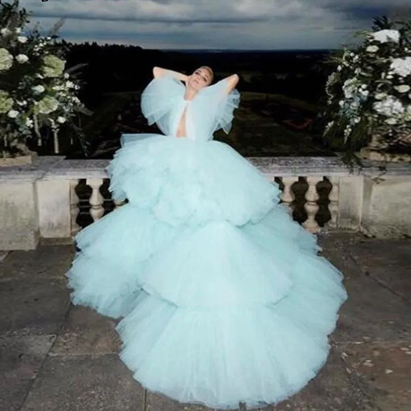 

vestido de festa longo Ruffle Lush Tulle Long Ball Gown Evening Party Dresses Puffy Tutu Prom Gowns Pale Blue Abendkleider