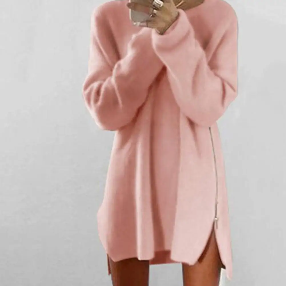 

Women Dress Solid Color Sideway Zip Sexy Long Sleeve O Neck Mini Sweater Dress for Spring