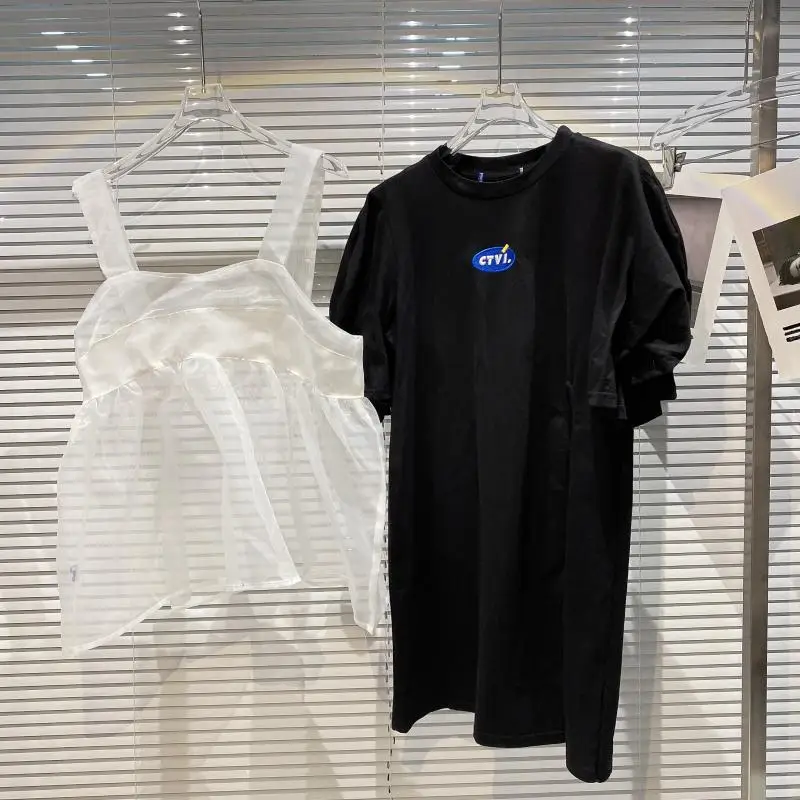 

Fashion Puff Sleeve T-shirt Sling Two-Piece Set Women's 2021 Summer New Letter Embroidered Tees and Mesh Camisole Set Female