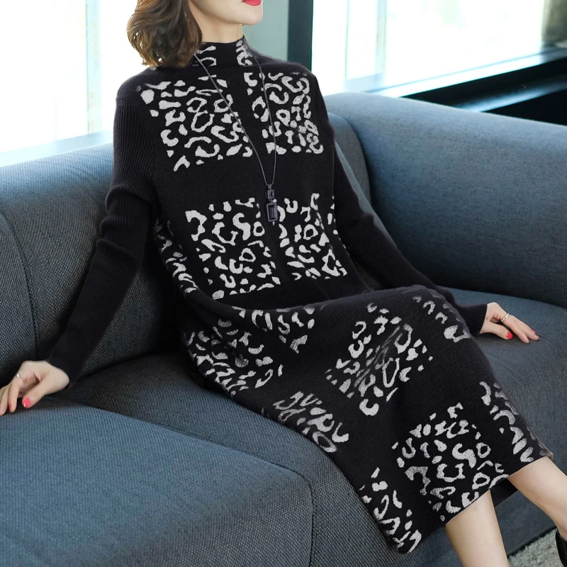 Женское зимнее трикотажное платье с высоким воротником Осеннее элегантное