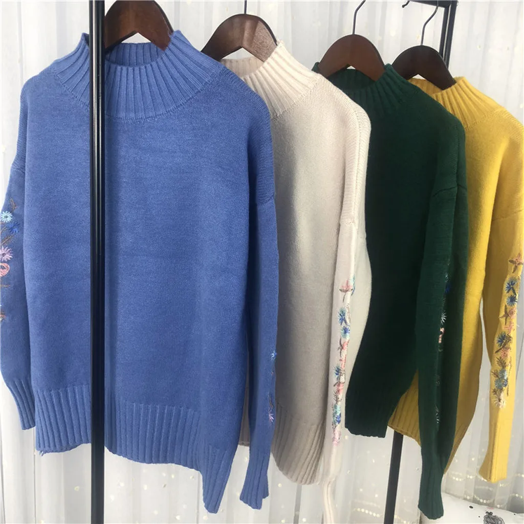 New Loose Thick Warm Winter Pullover Sweater Women Embroidery Jumper Half Turtleneck Long Sleeve Knit Yellow Sweater Female